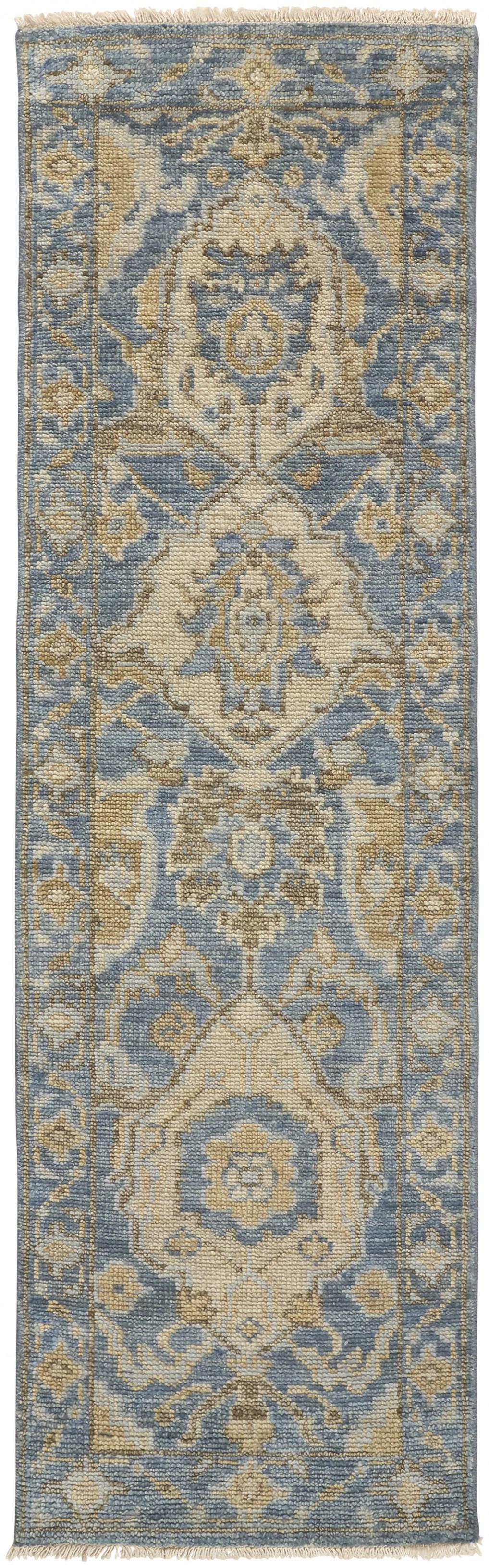 8' Blue Gold And Tan Wool Floral Hand Knotted Stain Resistant Runner Rug With Fringe