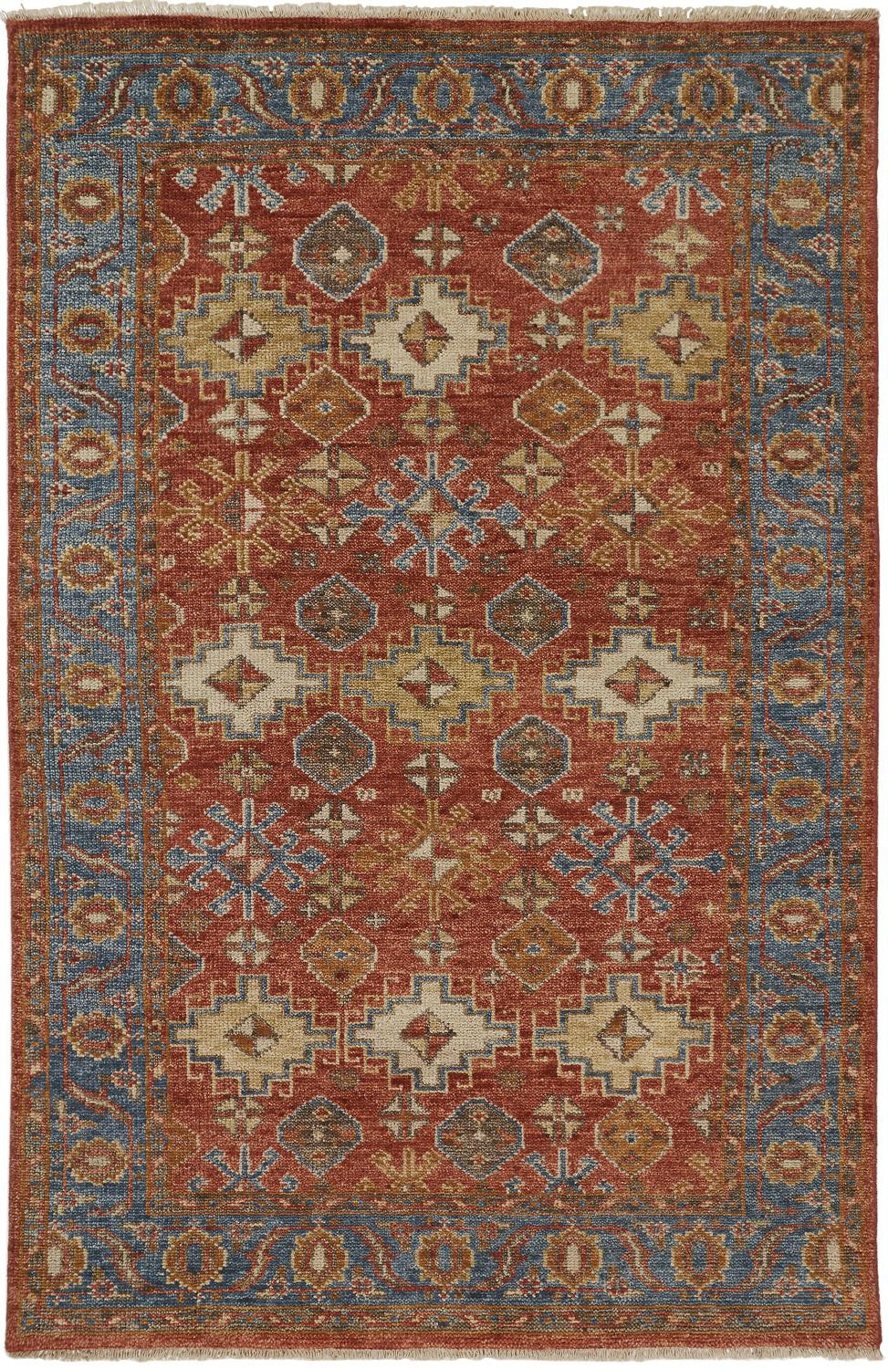 4' X 6' Red Blue And Orange Wool Floral Hand Knotted Stain Resistant Area Rug With Fringe