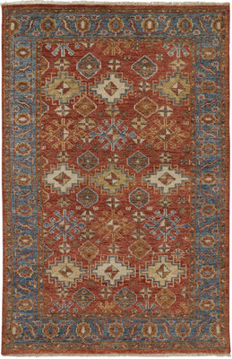 4' X 6' Red Blue And Orange Wool Floral Hand Knotted Stain Resistant Area Rug With Fringe