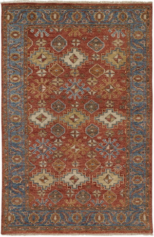 5' X 8' Red Blue And Orange Wool Floral Hand Knotted Stain Resistant Area Rug With Fringe