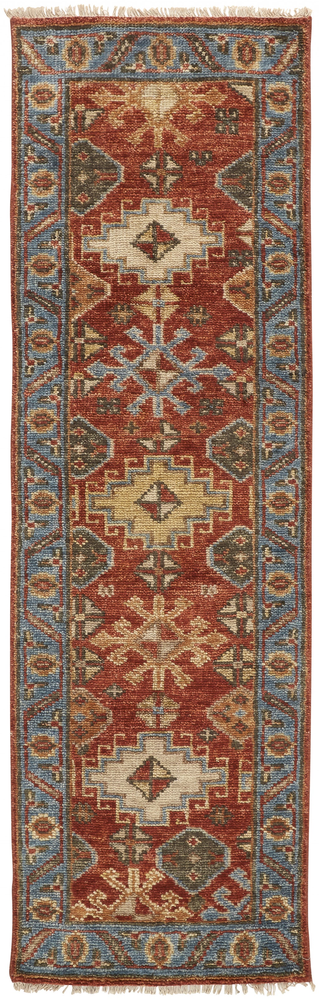 8' Red Blue And Orange Wool Floral Hand Knotted Stain Resistant Runner Rug With Fringe