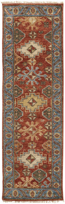 8' Red Blue And Orange Wool Floral Hand Knotted Stain Resistant Runner Rug With Fringe