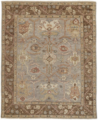 10' X 13' Gray Brown And Gold Wool Floral Hand Knotted Stain Resistant Area Rug With Fringe