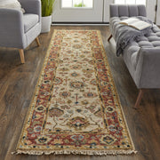 8' Ivory Red And Blue Wool Floral Hand Knotted Stain Resistant Runner Rug