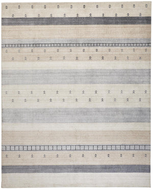 2' X 3' Ivory Tan And Gray Wool Striped Hand Knotted Stain Resistant Area Rug