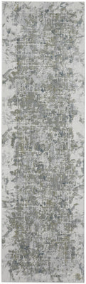 10' Green Gray And Ivory Abstract Distressed Stain Resistant Runner Rug