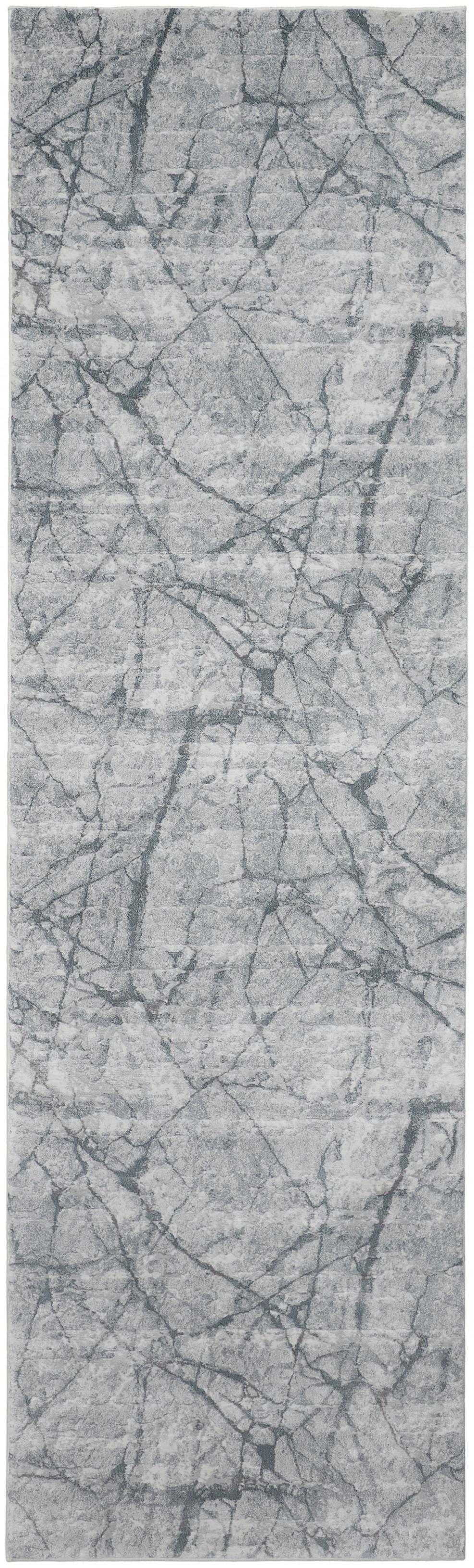 10' Blue Gray And Ivory Abstract Distressed Stain Resistant Runner Rug