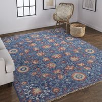 9' X 12' Blue And Red Wool Floral Hand Knotted Stain Resistant Area Rug