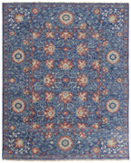 10' X 13' Blue And Red Wool Floral Hand Knotted Stain Resistant Area Rug