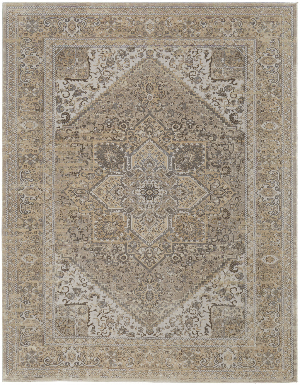 5' X 8' Brown Ivory And Tan Floral Power Loom Distressed Area Rug