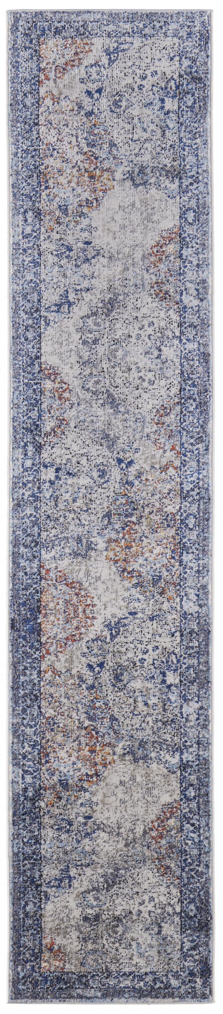 10' Blue Ivory And Red Floral Power Loom Distressed Stain Resistant Runner Rug