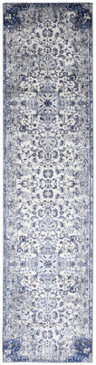 10' Ivory Gray And Blue Floral Power Loom Distressed Stain Resistant Runner Rug
