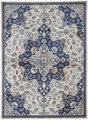 8' X 11' Gray Ivory And Blue Floral Power Loom Distressed Stain Resistant Area Rug