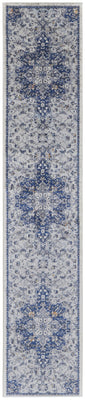 8' Gray Ivory And Blue Floral Power Loom Distressed Stain Resistant Runner Rug