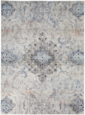 9' X 12' Ivory Taupe And Blue Floral Power Loom Distressed Stain Resistant Area Rug