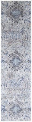10' Ivory Taupe And Blue Floral Power Loom Distressed Stain Resistant Runner Rug