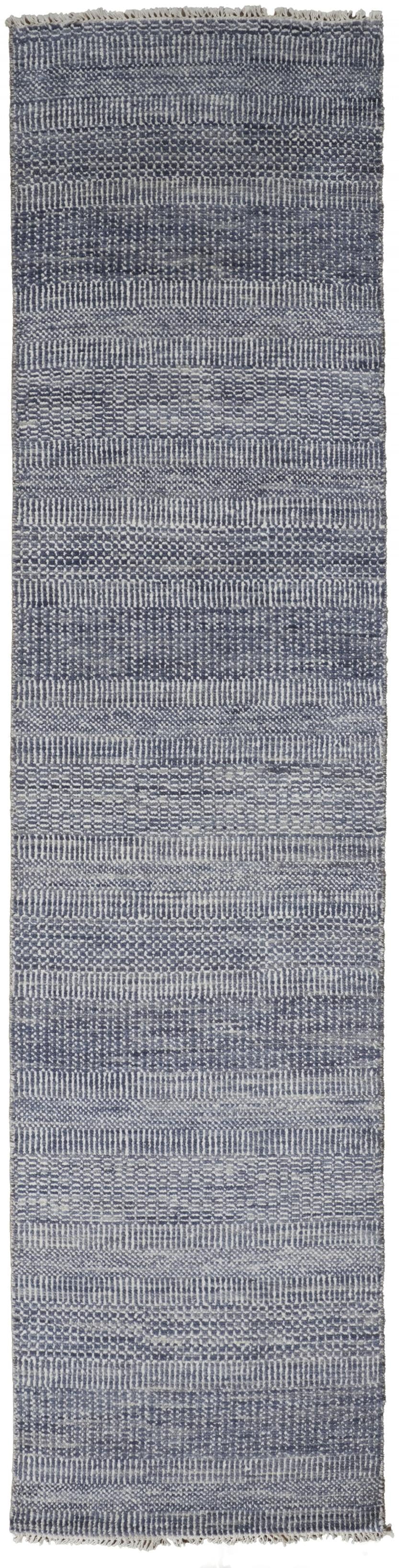 10' Blue And Gray Wool Striped Hand Knotted Runner Rug