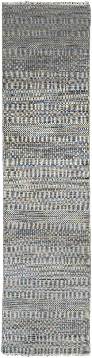 10' Silver Wool Striped Hand Knotted Runner Rug