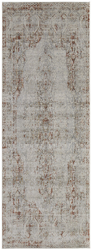 10' Tan Ivory And Orange Floral Power Loom Distressed Runner Rug With Fringe