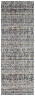 10' Tan Ivory And Blue Geometric Power Loom Distressed Runner Rug With Fringe