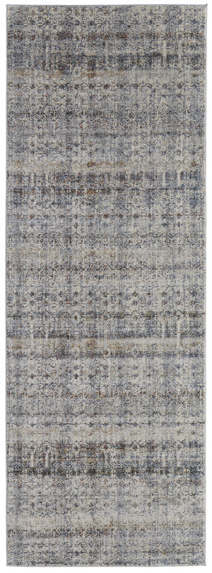 10' Tan Ivory And Blue Geometric Power Loom Distressed Runner Rug With Fringe