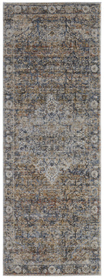 10' Tan Orange And Blue Floral Power Loom Distressed Runner Rug With Fringe