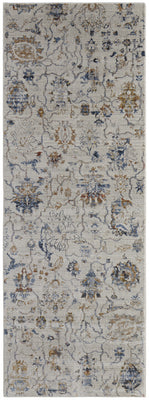 10' Ivory Orange And Blue Floral Power Loom Distressed Runner Rug With Fringe