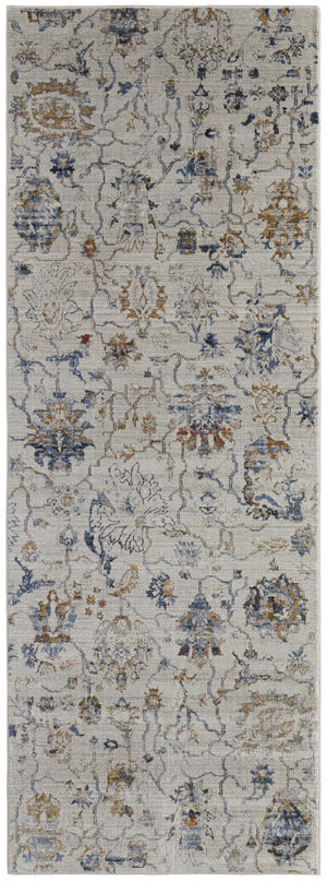 10' Ivory Orange And Blue Floral Power Loom Distressed Runner Rug With Fringe