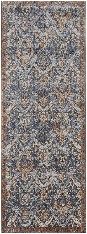 10' Blue Orange And Ivory Floral Power Loom Runner Rug With Fringe