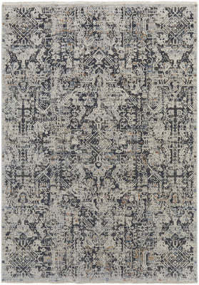 5' X 8' Ivory Gray And Taupe Abstract Power Loom Distressed Area Rug With Fringe