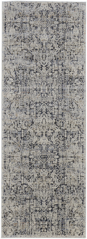 10' Ivory Gray And Taupe Abstract Power Loom Distressed Runner Rug With Fringe