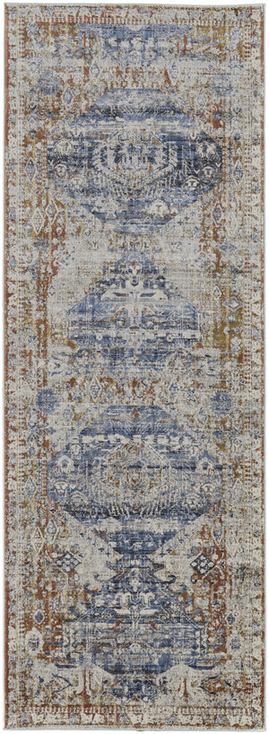 10' Ivory Orange And Blue Floral Power Loom Distressed Runner Rug With Fringe