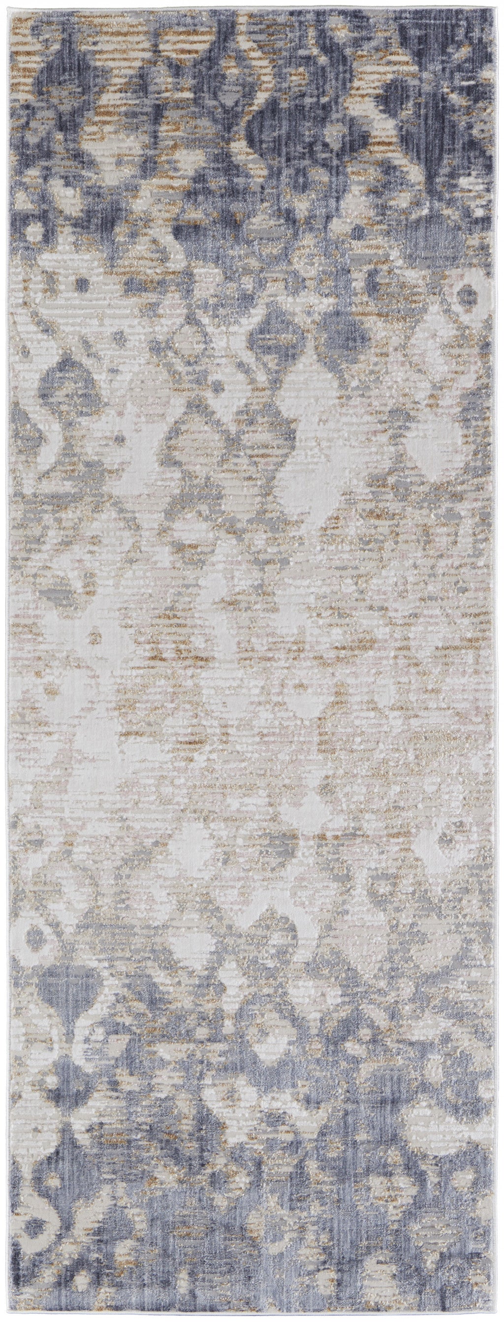 10' Tan Ivory And Blue Abstract Power Loom Distressed Runner Rug