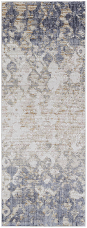 10' Tan Ivory And Blue Abstract Power Loom Distressed Runner Rug