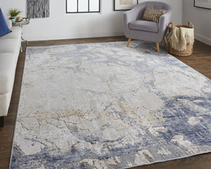 2' X 3' Tan And Blue Abstract Power Loom Distressed Area Rug