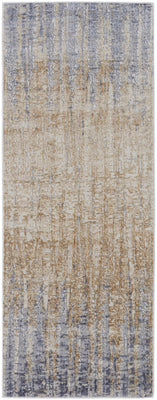 10' Tan Brown And Blue Abstract Power Loom Distressed Runner Rug