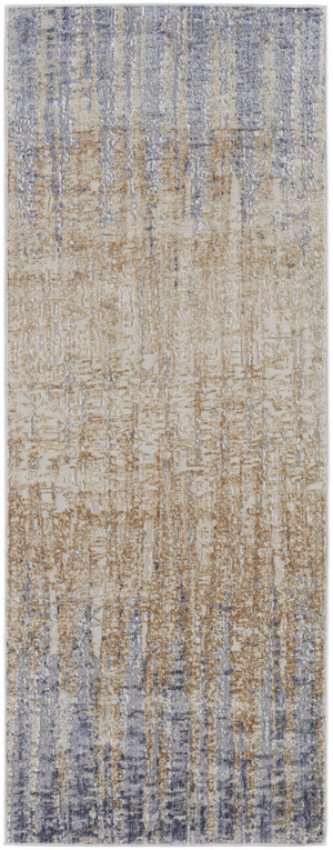 10' Tan Brown And Blue Abstract Power Loom Distressed Runner Rug