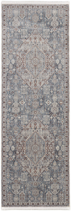 10' Blue And Ivory Floral Power Loom Stain Resistant Runner Rug