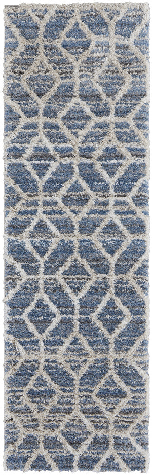 8' Blue And Ivory Geometric Power Loom Stain Resistant Runner Rug