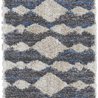 8' Ivory Gray And Blue Chevron Power Loom Stain Resistant Runner Rug