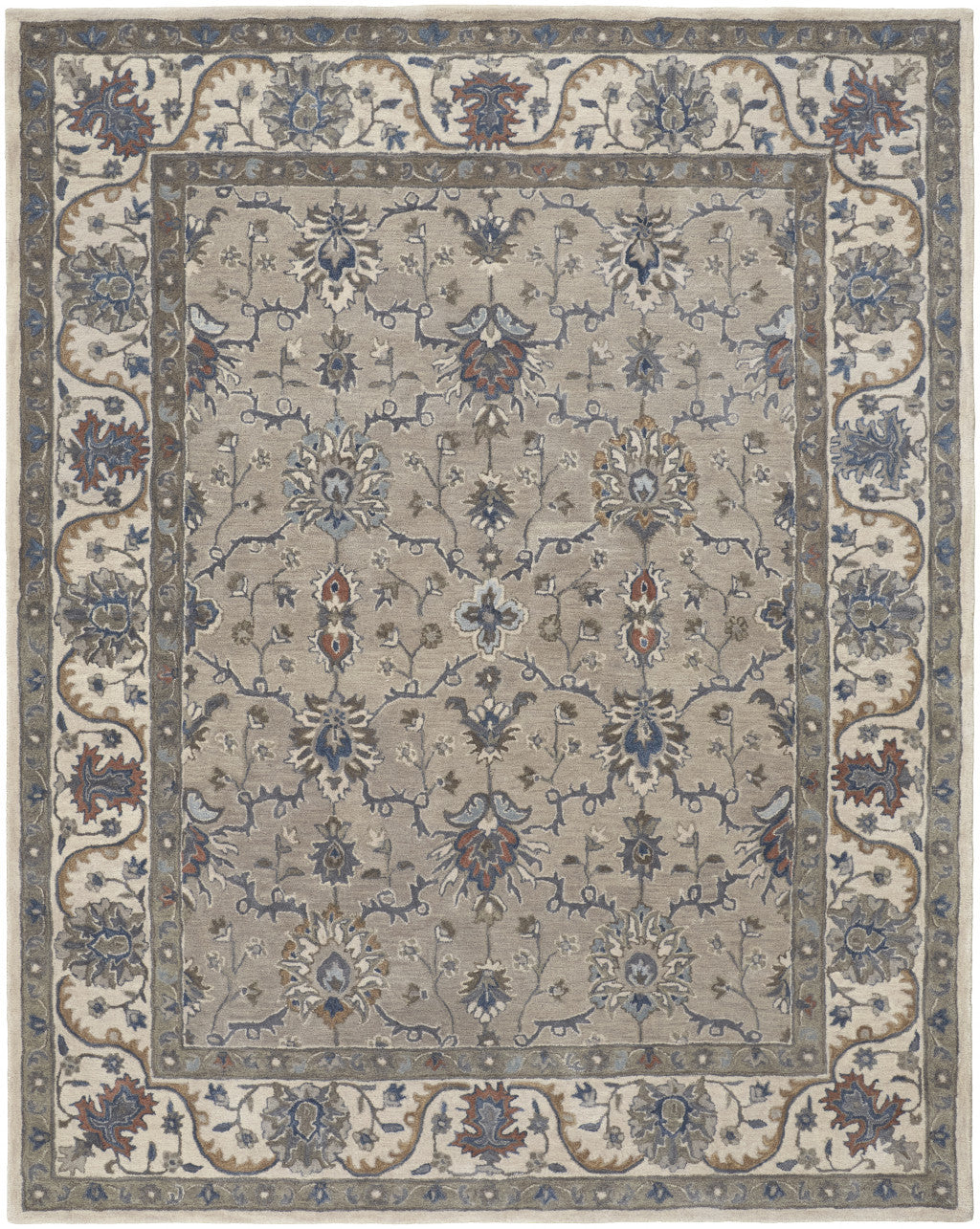 5' X 8' Taupe Ivory And Blue Wool Floral Tufted Handmade Stain Resistant Area Rug