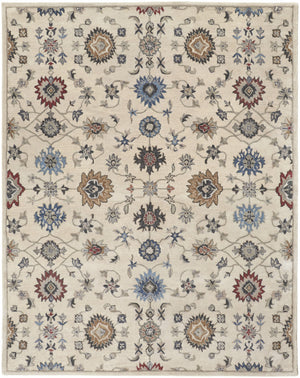 9' X 12' Ivory Blue And Tan Wool Floral Tufted Handmade Stain Resistant Area Rug