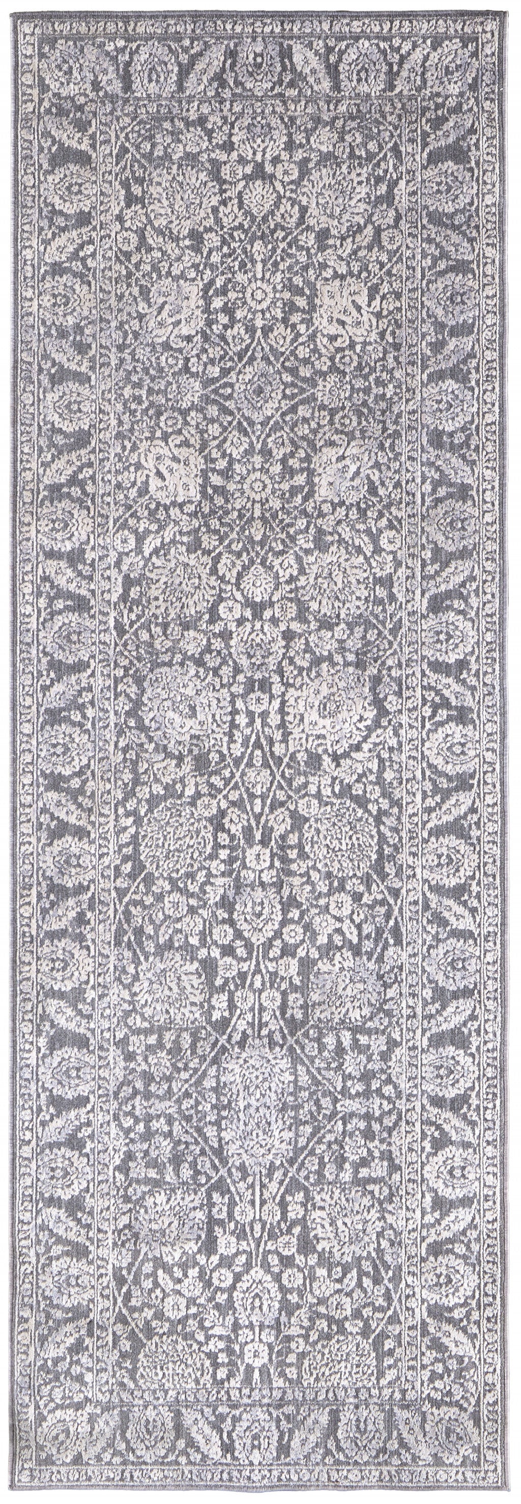 8' Taupe And Ivory Floral Power Loom Runner Rug