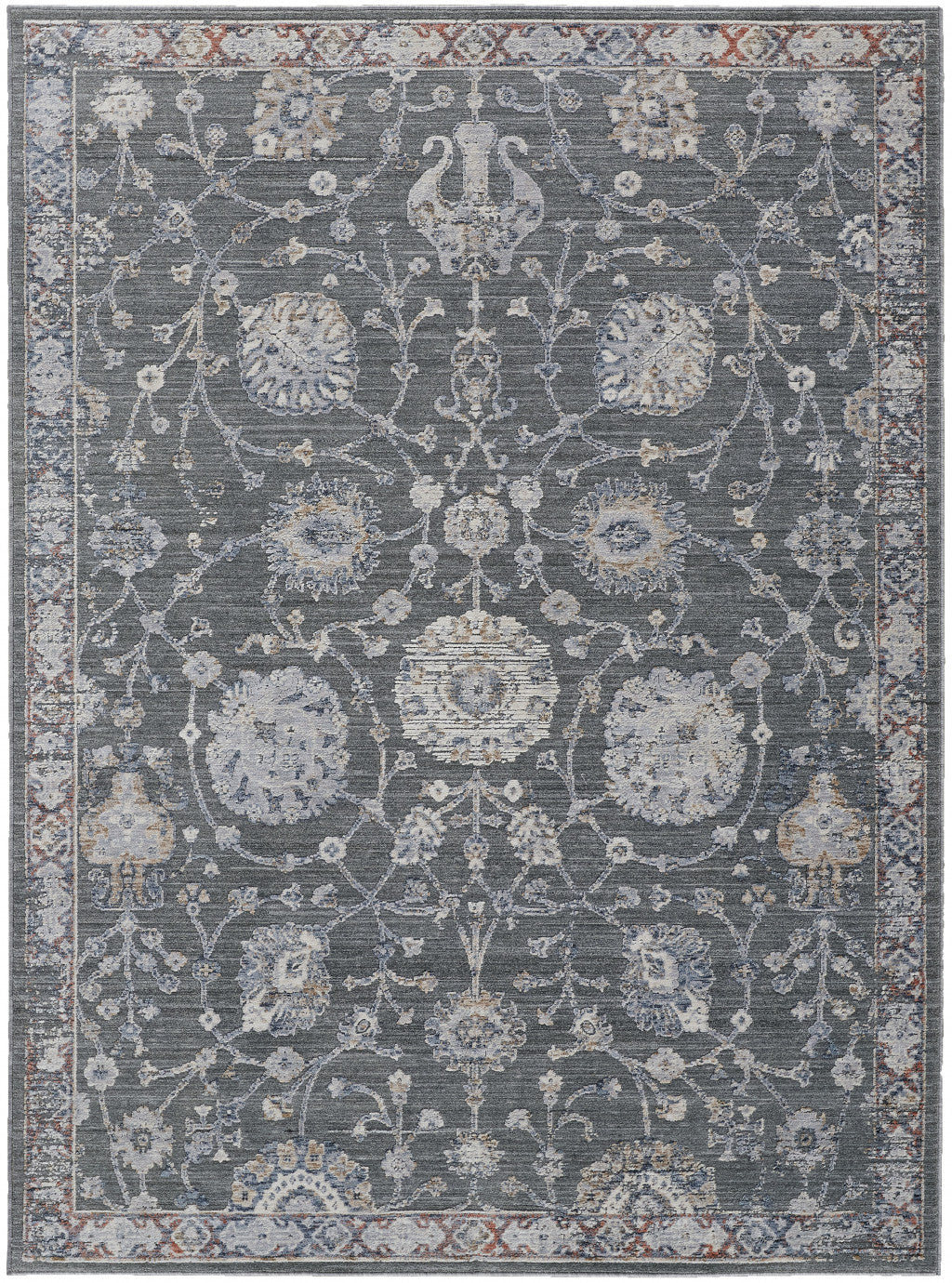 9' X 13' Gray Ivory And Red Floral Power Loom Area Rug