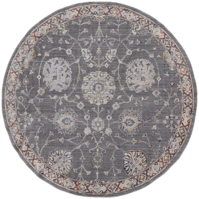 6' Gray Ivory And Red Round Floral Power Loom Area Rug