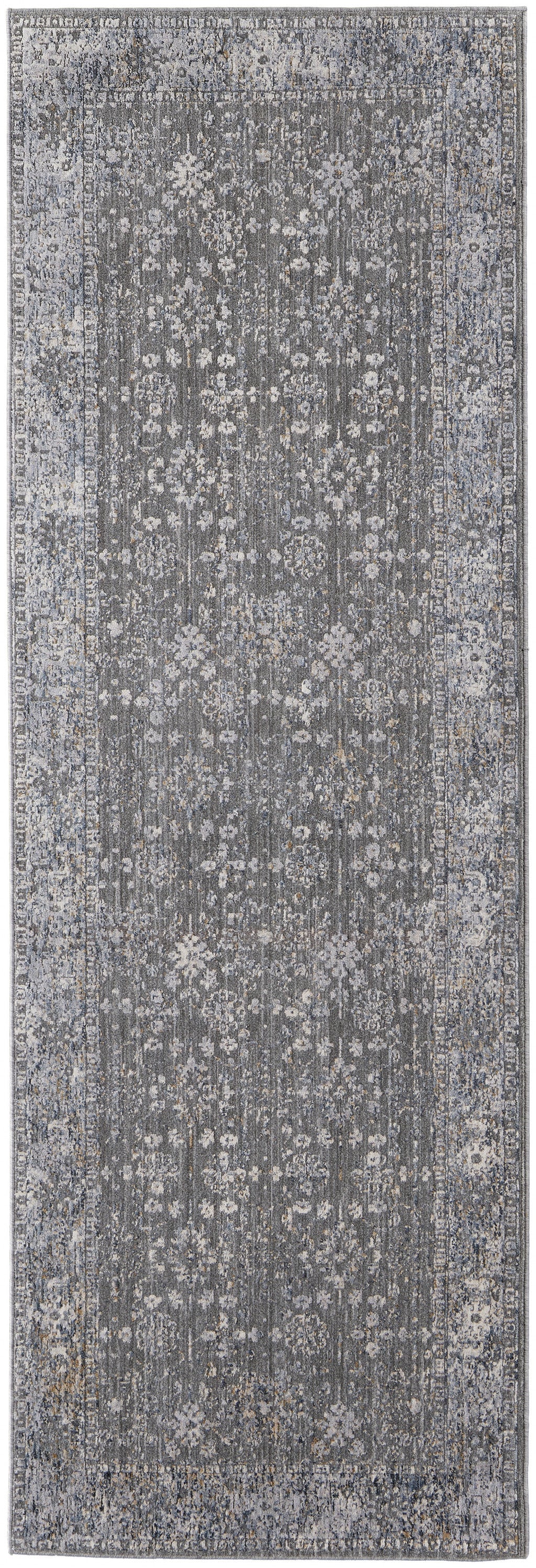 8' Taupe Gray And Orange Floral Power Loom Runner Rug