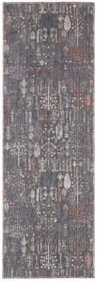 8' Gray Ivory And Orange Floral Power Loom Runner Rug