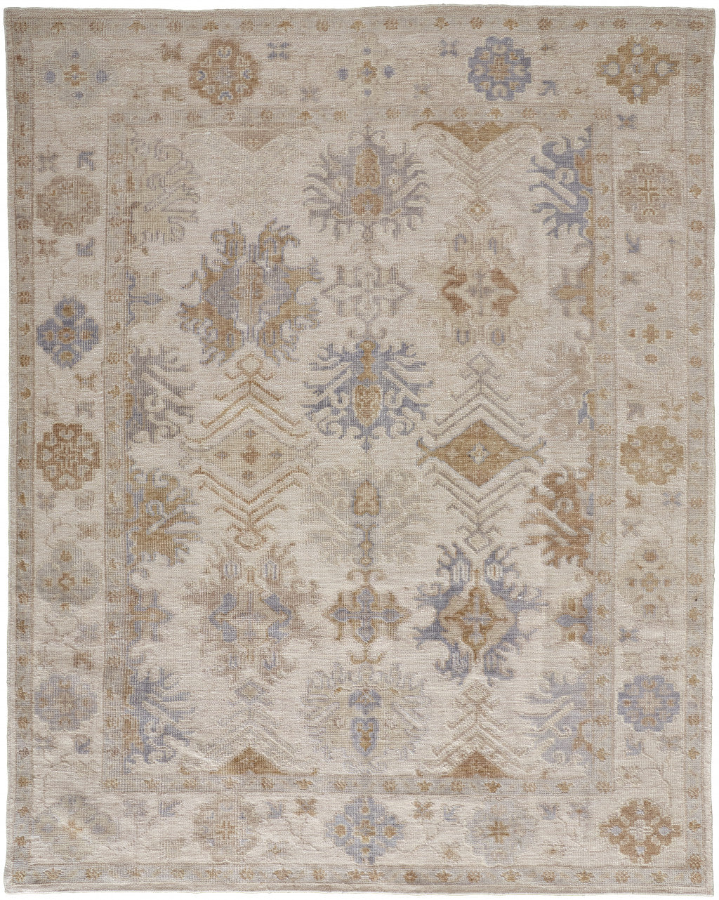 8' X 10' Ivory Tan And Blue Floral Hand Knotted Stain Resistant Area Rug