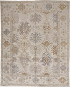 8' X 10' Ivory Tan And Blue Floral Hand Knotted Stain Resistant Area Rug