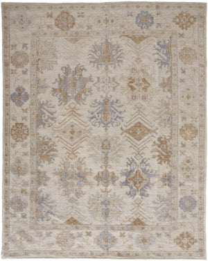 8' X 10' Ivory Tan And Blue Floral Hand Knotted Stain Resistant Area Rug